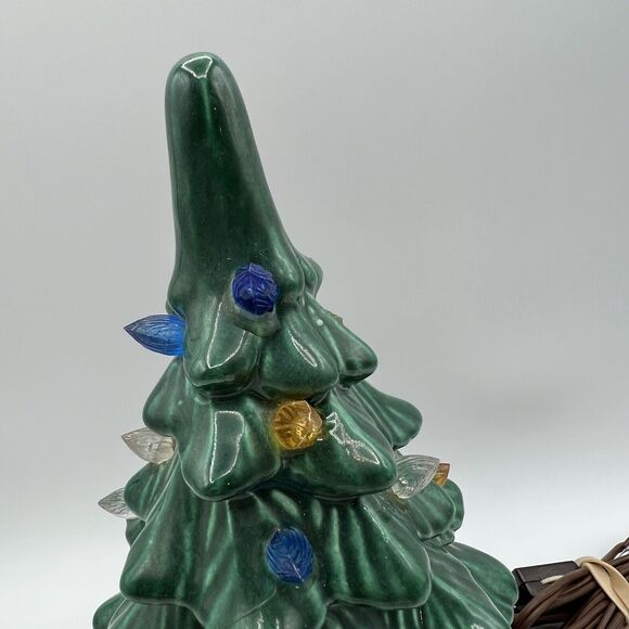 Vintage Green Ceramic Christmas Tree Lighted 10" One Piece Base Kitsch 70s - Picture 8 of 12